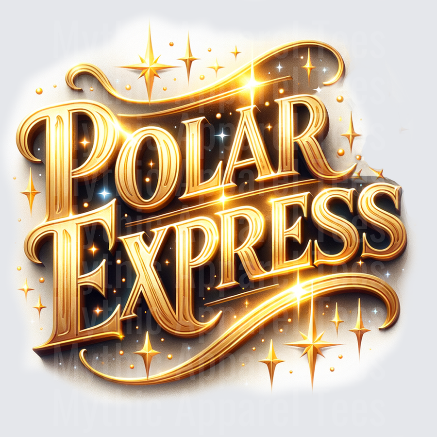 Polar Express Golden Glitter Typography with Sparkling Stars Christmas Holiday Design