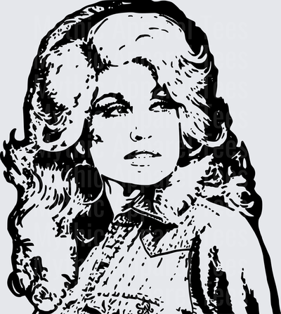 Dolly Parton Black and White Ink Portrait with Voluminous Curly Hair and Country Style