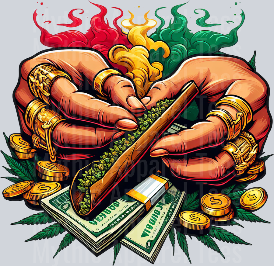 Blunt being rolled over 10k floral colors weed plant DTF Weed Transfers