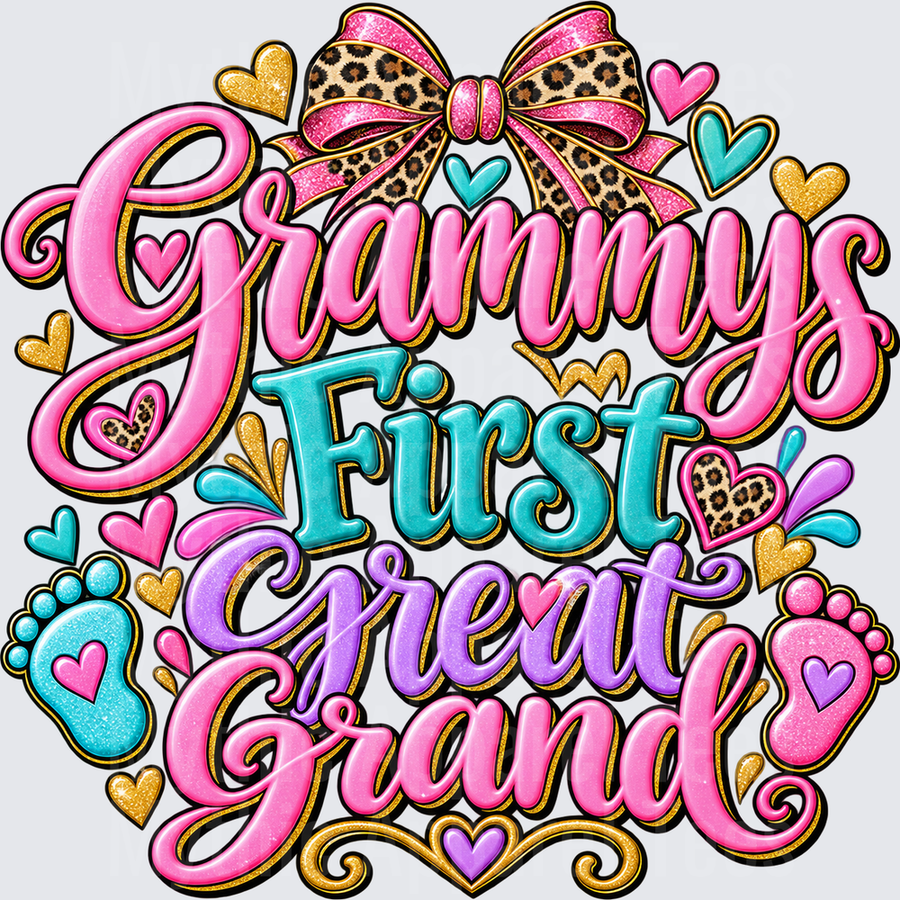 Grammy's First Great Grand Leopard Print Bow Pink Glitter Hearts Baby Feet Colorful Script