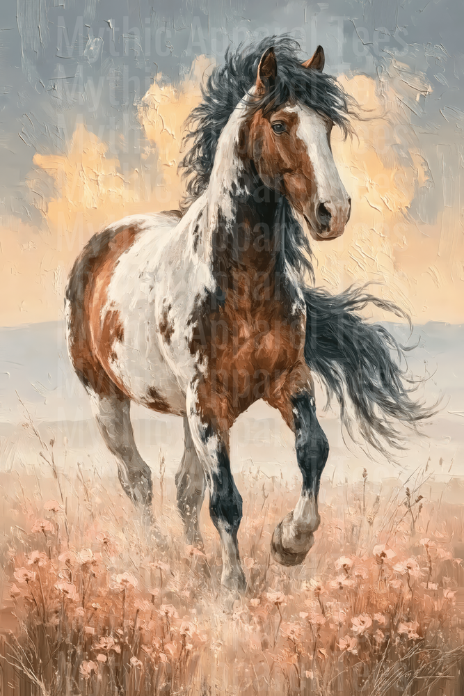 Wild Paint Horse Running Through Wildflower Field Oil Painting Style