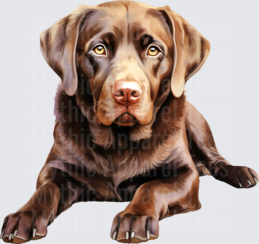 Watercolor Chocolate Labrador Retriever Laying Down with Soulful Golden Eyes