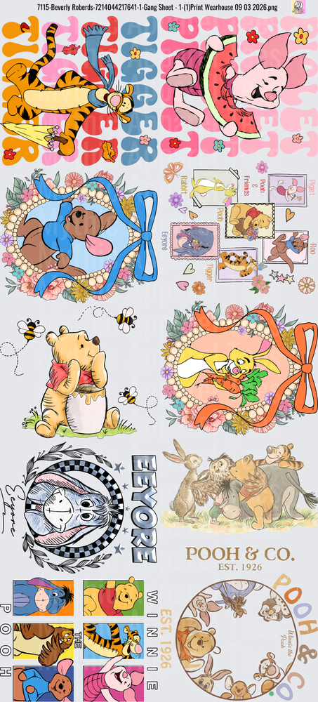 Gang Sheet FULL SIZE DESIGNS Winnie the Pooh Characters Collection with Tigger Piglet Eeyore and Hundred Acre Wood Friends