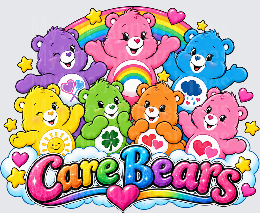 Care Bears Full Squad Group Rainbow Cloud Scene with Stars and Hearts