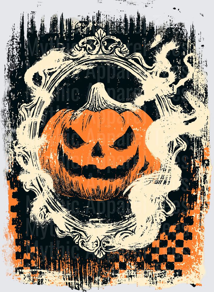 Distressed Halloween Sinister Jack-O-Lantern with Ornate Baroque Frame and Smoky Ghosts on Grunge Checkered Background