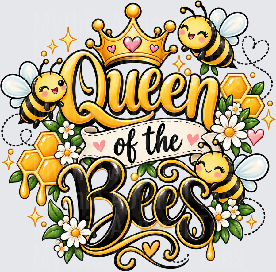 Bees Queen of the Bees Cute Kawaii Honeybees Golden Crown Pink Hearts Honeycomb Daisy Floral Sparkle Design