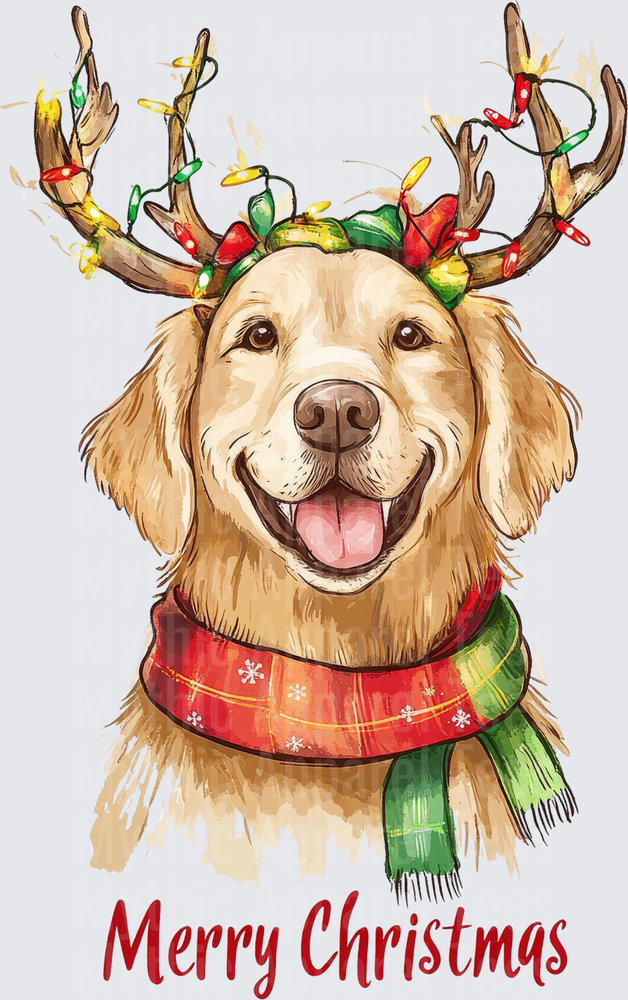Merry Christmas Happy Golden Retriever with Reindeer Antlers Christmas Lights and Plaid Scarf