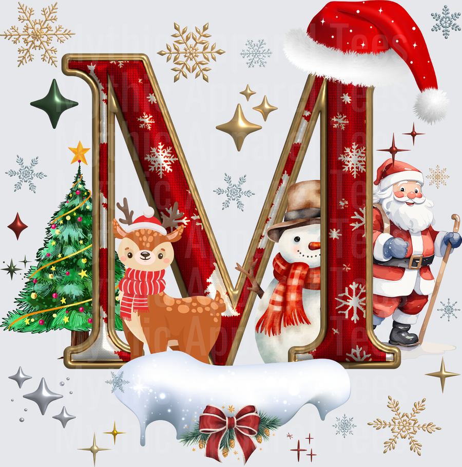 Christmas Letter M with Santa Claus Snowman Reindeer and Christmas Tree Holiday Monogram