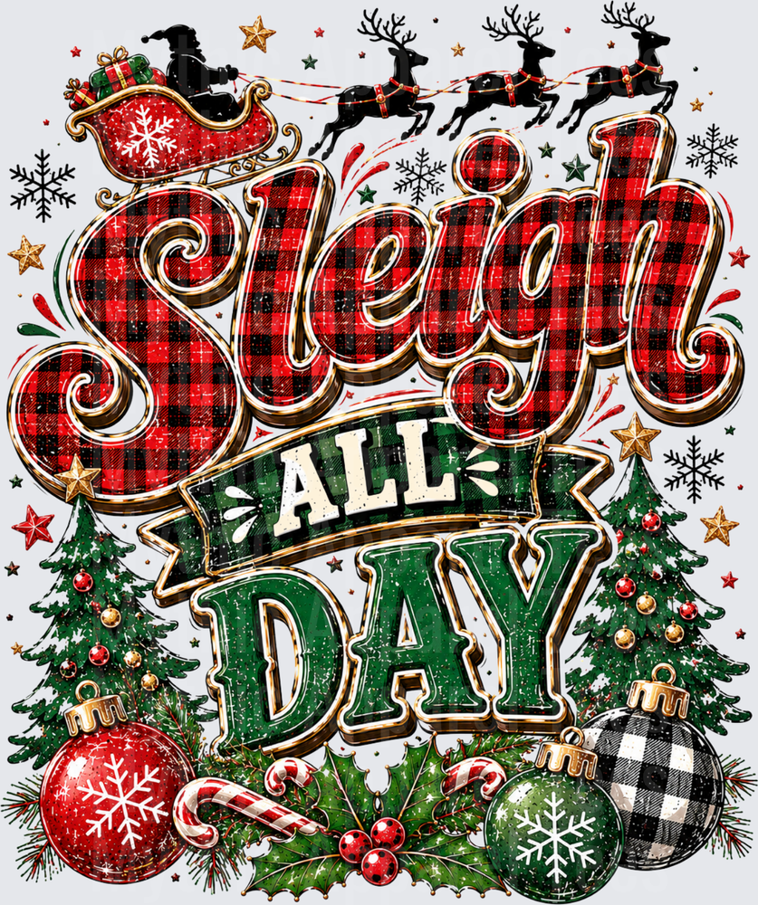 Sleigh All Day Buffalo Plaid Christmas Santa Reindeer Holiday Ornaments Festive Typography Design