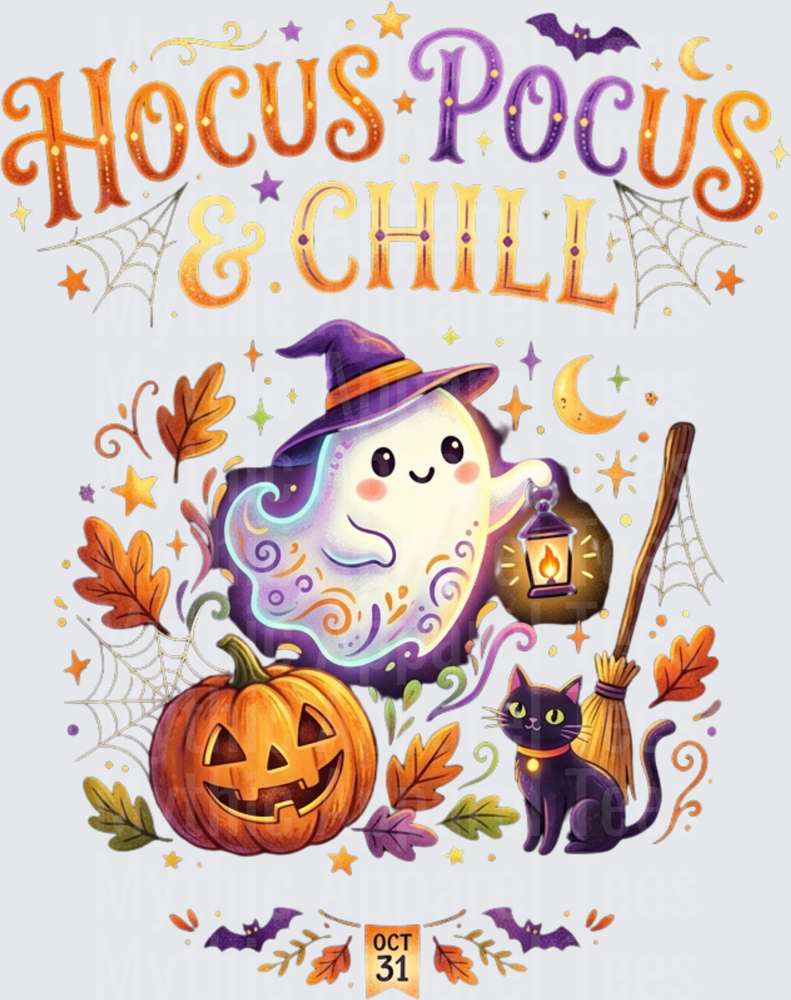Hocus Pocus & Chill Cute Ghost Witch Hat Lantern Black Cat Jack-O-Lantern Broom October 31 Halloween