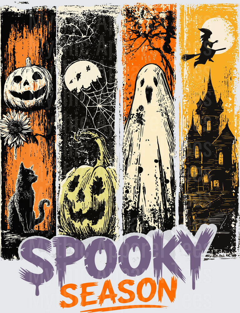 Distressed Halloween Spooky Season Four Panel Jack-o-Lantern Ghost Witch Haunted House Black Cat Grunge Design