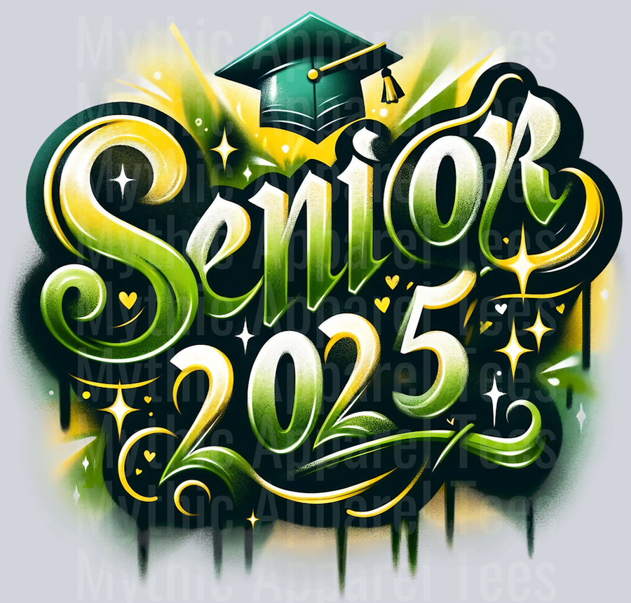 0029 Senior 2025 Airburshed Green and Gold 2 DTF 2025 Senior Graduation Transfers