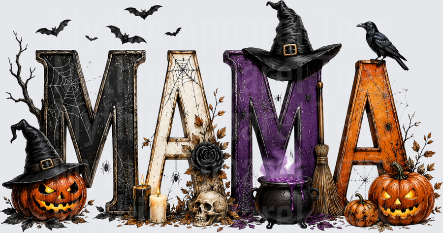 Halloween Spooky MAMA Letters Witch Pumpkin Cauldron Bats