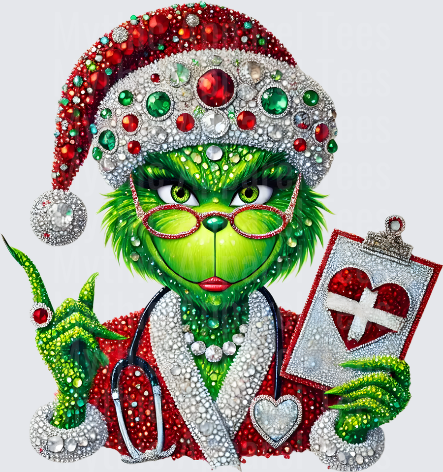 Christmas Bling Grinch Nurse with Santa Hat Stethoscope and Medical Clipboard Rhinestone Jewel Design