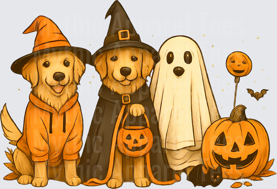 Three Golden Retrievers in Halloween Costumes Witch Ghost and Pumpkin with Jack-o-Lanterns