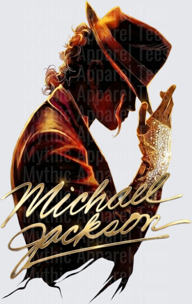 Michael Jackson Iconic Silhouette with Fedora Hat and Rhinestone Glove Gold Signature Script