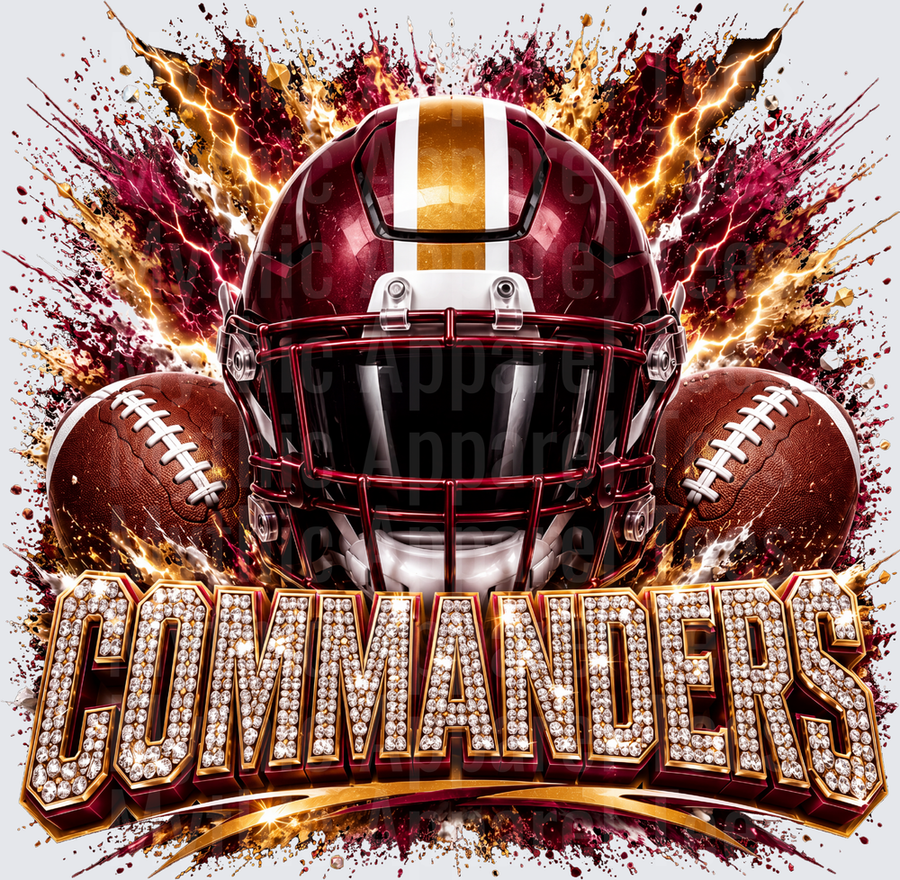 Rhinestone Style NFL Washington Commanders Burgundy Gold Helmet Lightning Explosion Bling Letter Design