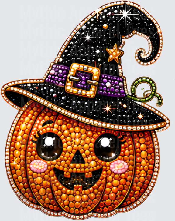 Halloween Bling Bedazzled Kawaii Jack-O-Lantern Wearing Witch Hat with Purple Buckle and Gold Star