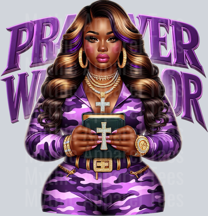 Girl with open bible 6 cross PW Purple Prayer Warrior DTF Religious Transfers