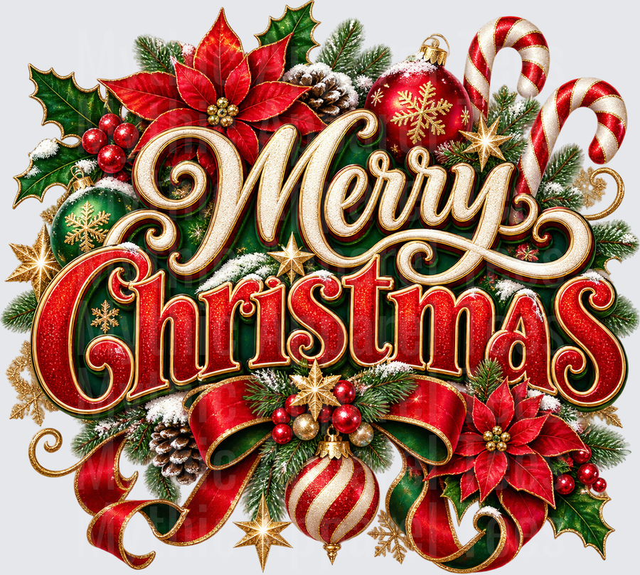 Merry Christmas Elegant Gold Script with Poinsettias Ornaments Candy Canes and Holly Holiday Wreath Design