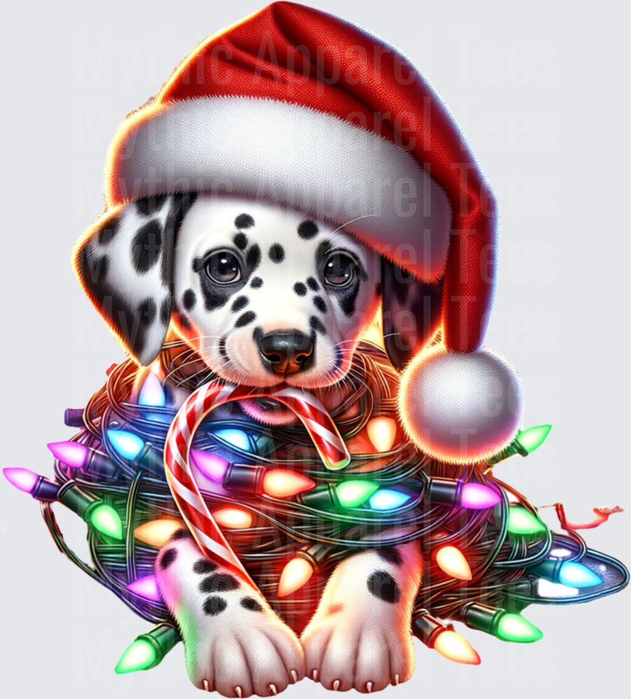 Dalmatian Puppy Santa Hat Tangled Christmas Lights Candy Cane Holiday
