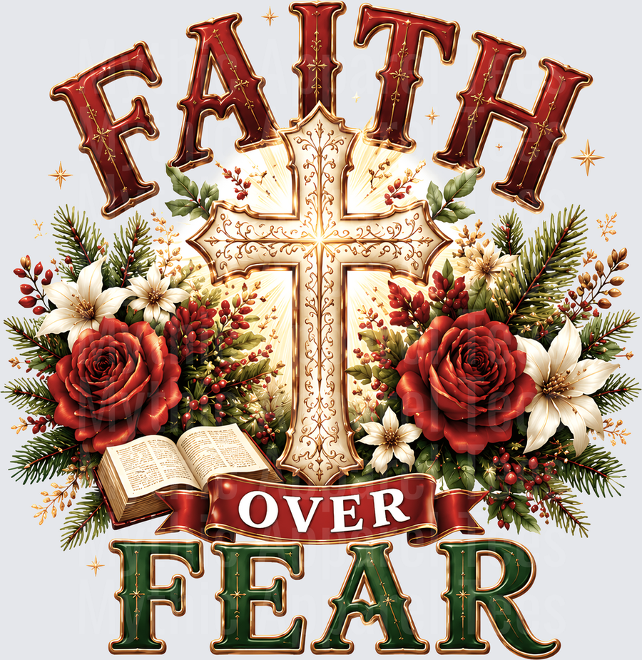 Faith Over Fear Christmas Cross with Red Roses Poinsettias Pine Branches and Open Bible Holiday Floral Design
