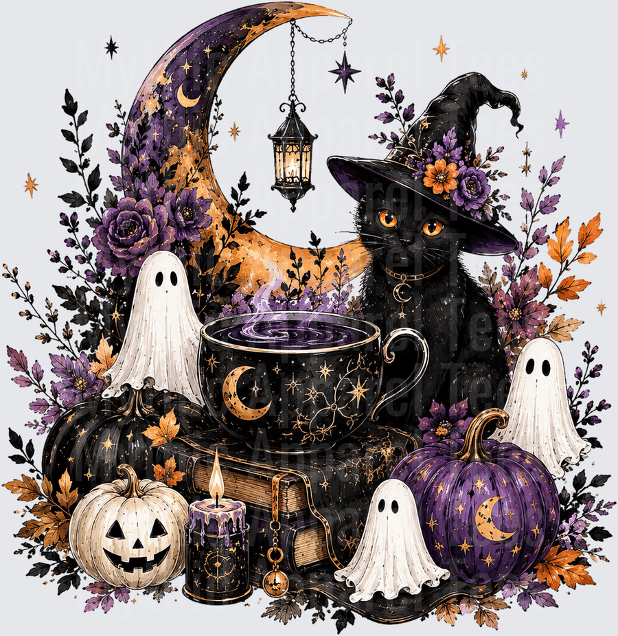Halloween Black Cat Witch Hat Moon Ghosts Pumpkins Cauldron