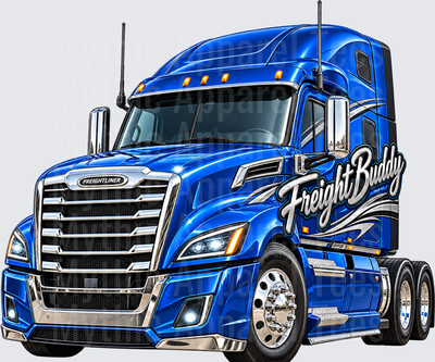 Freightliner Cascadia Blue Chrome Semi Truck Freight Buddy Script Lettering Illustration