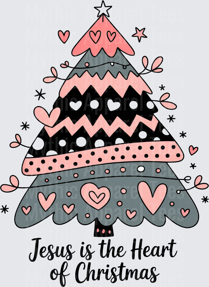 Jesus is the Heart of Christmas Pink and Gray Boho Christmas Tree with Hearts and Stars