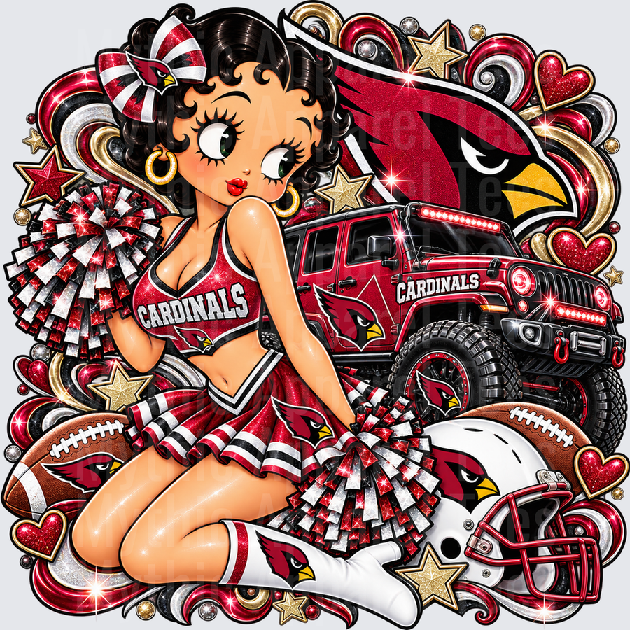 Betty Boop Arizona Cardinals Cheerleader with Pom Poms Red Jeep Football Helmet Glitter Fan Design