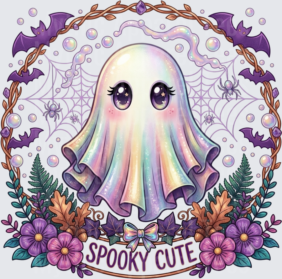 Spooky Cute Kawaii Pastel Rainbow Ghost with Purple Bats Spiderwebs Iridescent Bubbles and Floral Wreath Halloween Design