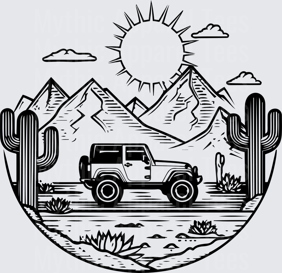 Off Road Jeep Desert Scene Mountains Cactus Sun Badge