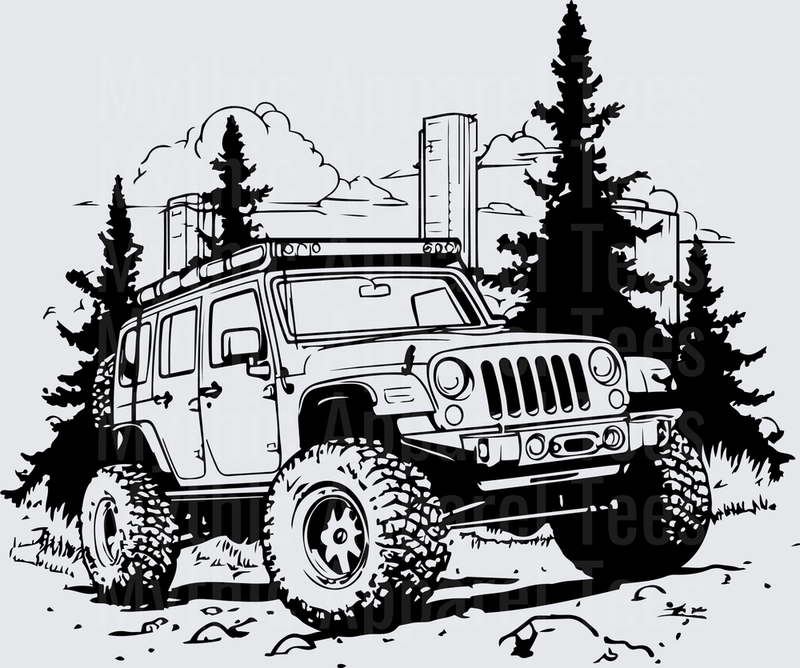 Off Road Jeep Wrangler Lifted Overland Trail Black Line Art