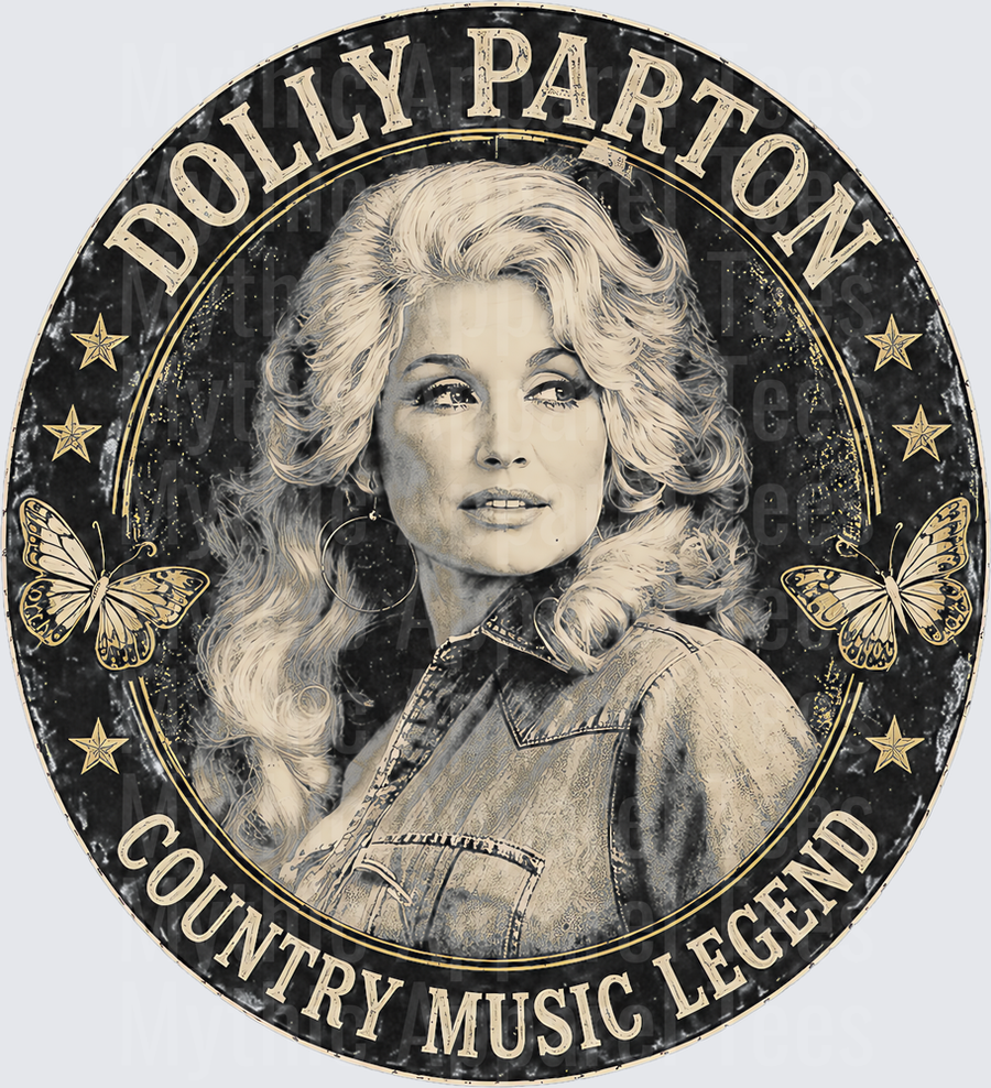 Dolly Parton Country Music Legend Vintage Round Badge with Butterflies and Gold Stars Distressed Portrait Design