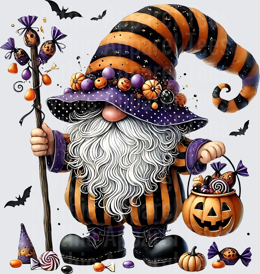Halloween Witch Gnome with Orange Black Striped Hat Candy Staff and Jack-O-Lantern Treat Bucket Surrounded by Bats and Pumpkins