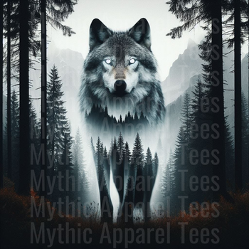Mystical Wolf Double Exposure Dark Forest Pine Trees Mountain Wilderness Glowing Eyes