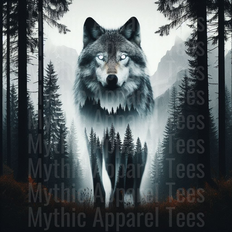 Mystical Wolf Double Exposure Dark Forest Pine Trees Mountain Wilderness Glowing Eyes