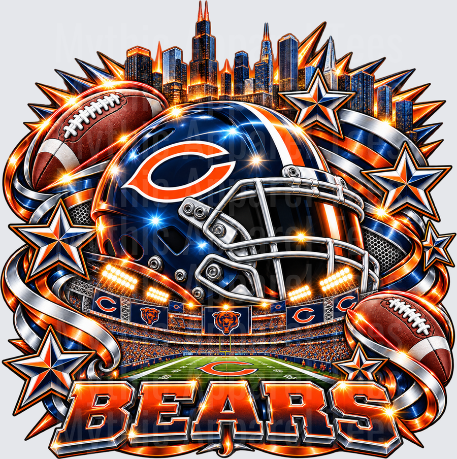 Chicago Bears NFL Football Helmet Stadium Skyline Glowing Navy Orange Bold Graphic