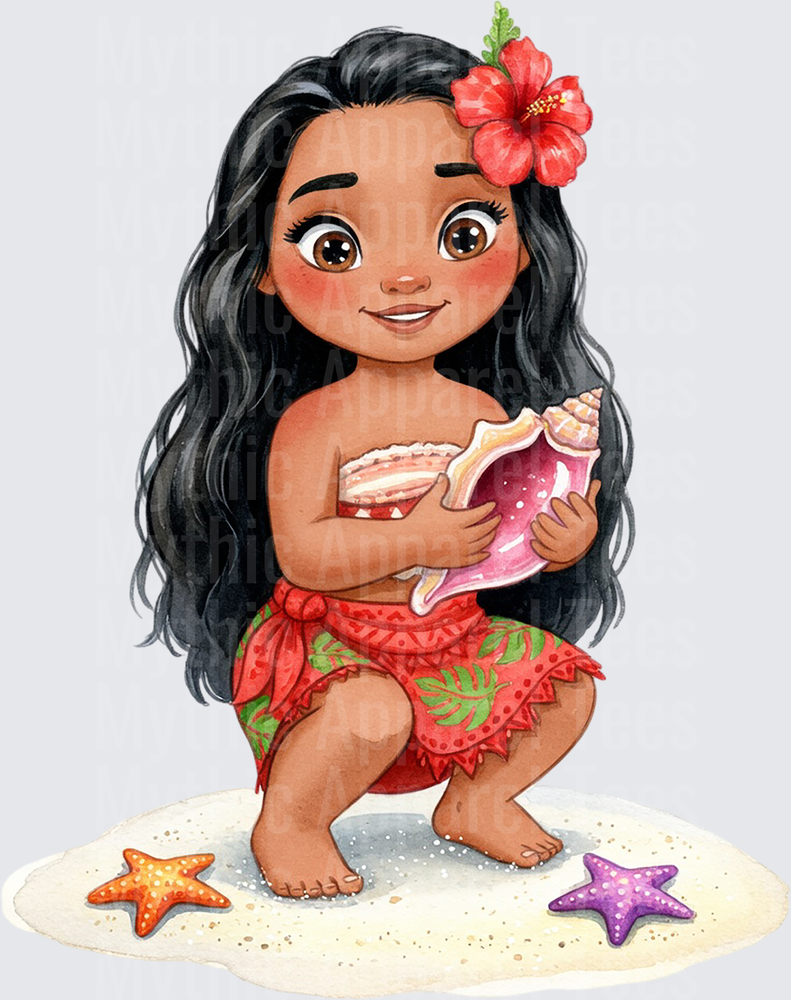 Moana Baby Toddler Holding Conch Shell on Sandy Beach