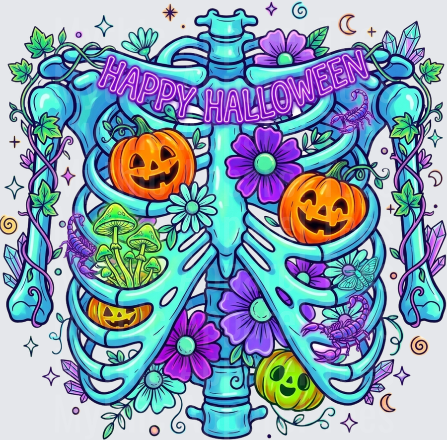 Happy Halloween Teal Skeleton Rib Cage with Jack-O-Lanterns Mushrooms Purple Flowers Scorpions Crystals and Ivy Botanical Witchy Design