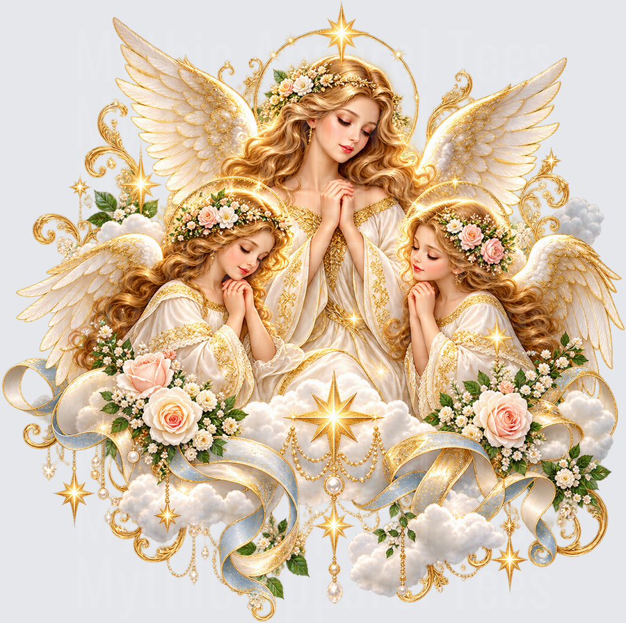 Angels in Prayer Trio with Gold Halos Floral Crowns Pink Roses and Celestial Stars on Clouds