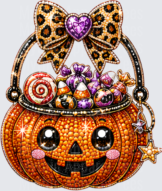 Halloween Bling Rhinestone Jack-O-Lantern Purse Overflowing With Candy Corn And Sweets Leopard Print Bow With Purple Heart