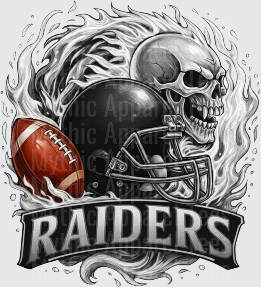 Raiders Flaming Skull Black Football Helmet and Football Grayscale Bold Banner Design