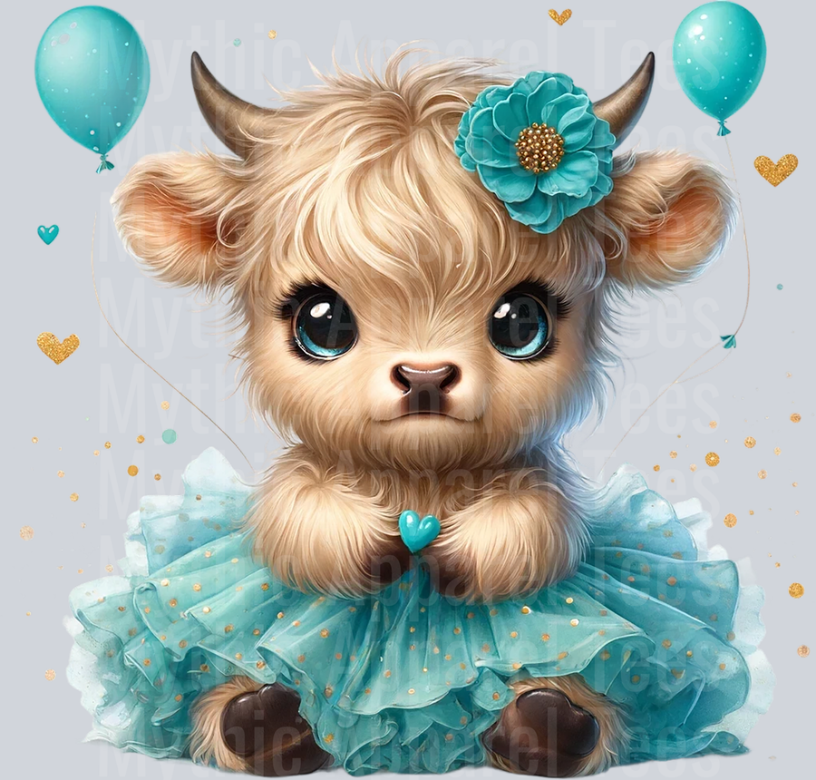 Cute Highland Cow Baby Aqua Balloon Heart and Flower in hair DTF Precious Highland Cow Transfers