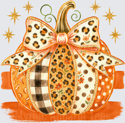 Fall Designs Patchwork Pumpkin with Leopard Print Buffalo Plaid Polka Dot and Floral Sections Leopard Bow and Gold Glitter Stars