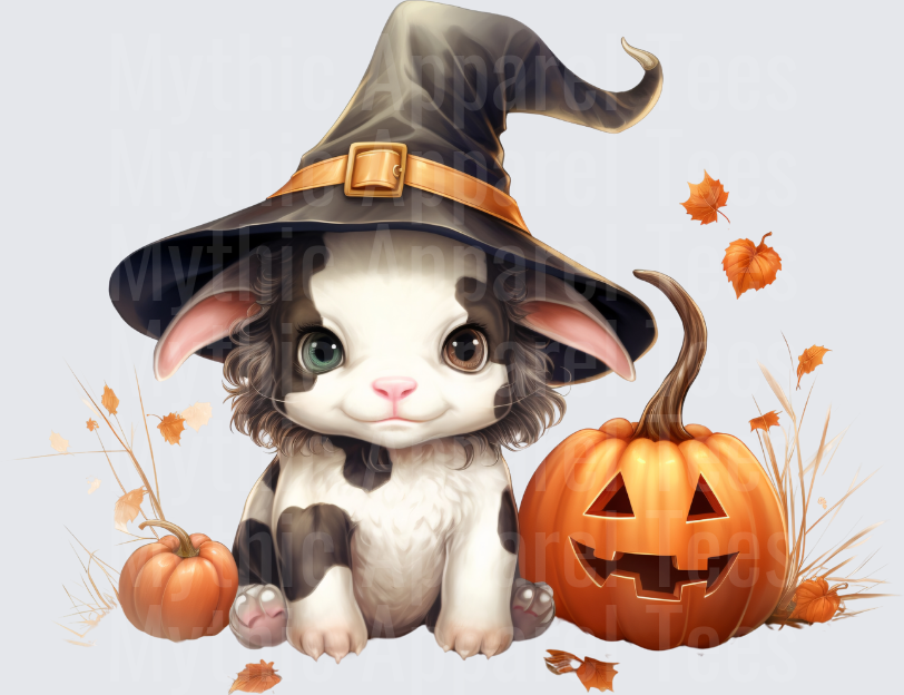 Cute Baby Cow Wearing Witch Hat with Jack-o-Lantern and Fall Leaves Halloween