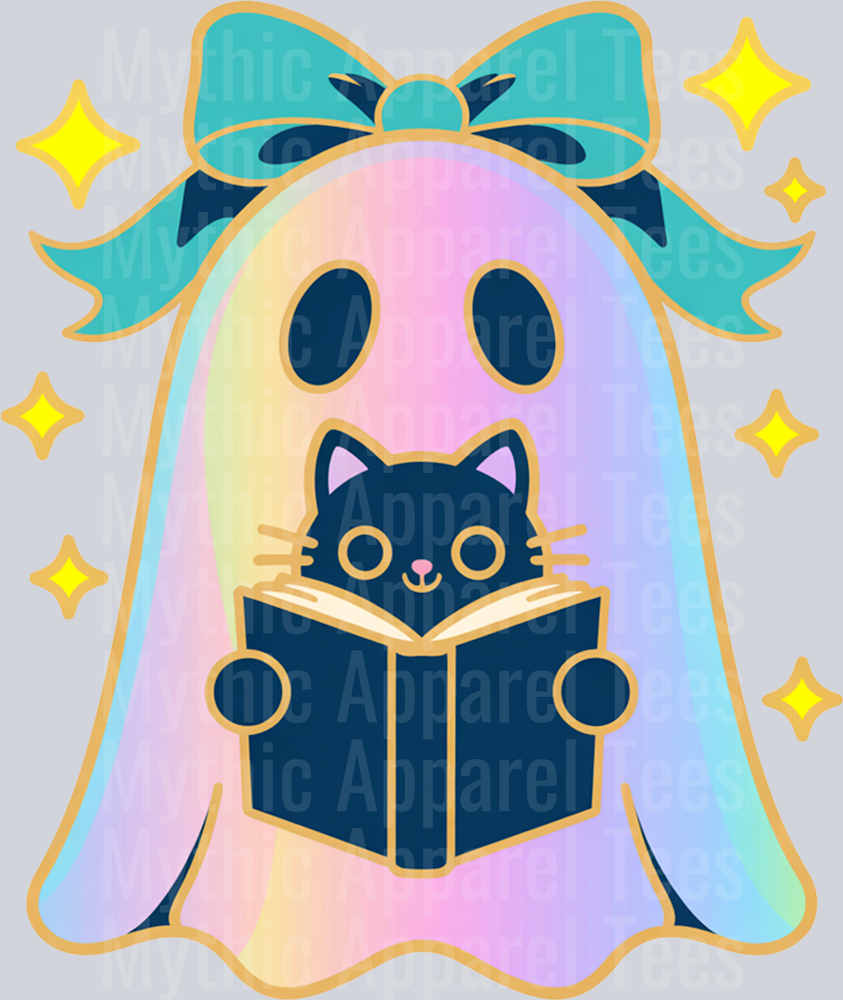 Halloween Iridescent Ghost Book Cat PNG_processed