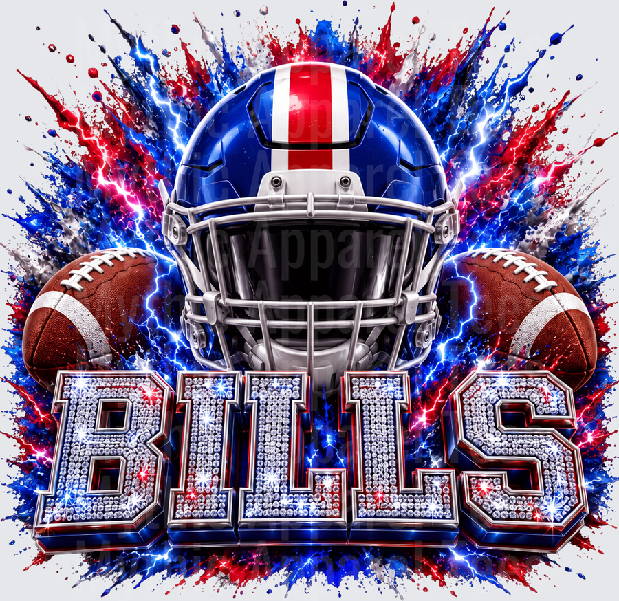 Rhinestone Style NFL Buffalo Bills Blue and Red Football Helmet with Lightning Splash and Diamond Encrusted Bold Letters