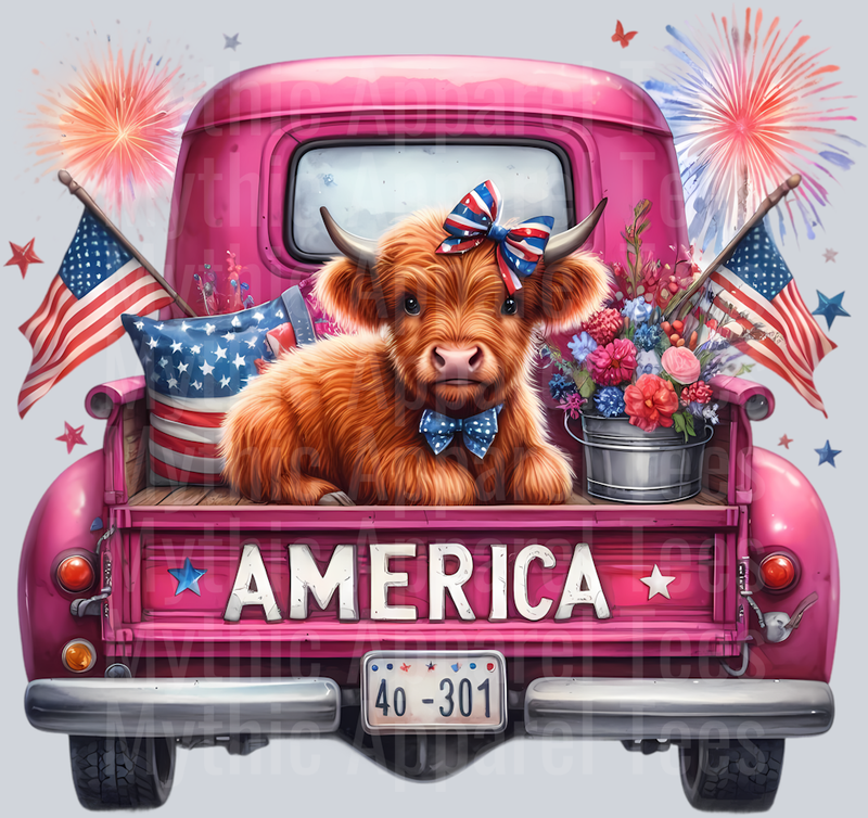 Pink Truck with 2 American Flags DTF Patriotic Highland Cow Transfers