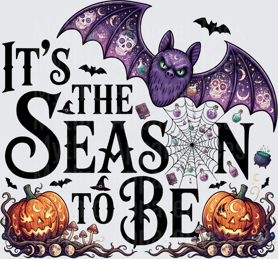 It's The Season To Be Halloween Purple Bat Sugar Skull Wings Jack-O-Lantern Pumpkins Spider Web Potion Bottles Witch Hat Cauldron Moon Phase Spooky